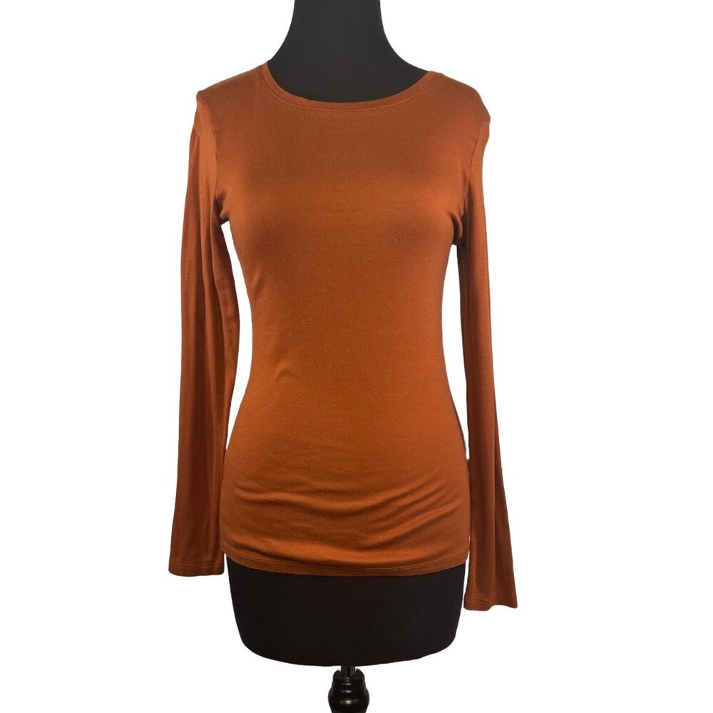 A New Day Womens Long Sleeve Rust Top Modal Blend Fitted Solid X-Small Pre-Owned